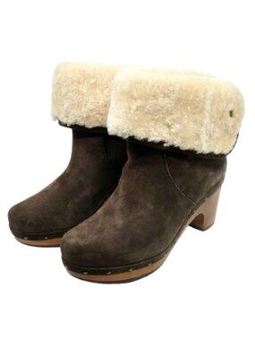UGG~Lynnea CLOG BOOTS~BROWN SUEDE/SHEARLING FOLDOVER PLATFORM SHOES~7 NIB